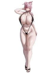areola areola_slip areolae curvaceous curvy curvy_female curvy_figure hairpin huge_breasts kurameki_kyou kuramekira mature mature_female mommy nipples older_female one_eye_covered pink_hair ponytail pubes pubic_hair sandals sling_bikini slingshot_swimsuit thick_thighs wide_hips