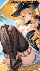 1girls 2025 ai ai_assisted ai_generated anime anime_style bare_shoulders beach black_gloves black_headwear black_rose blonde_hair blue_eyes breasts dress drill_hair drill_sidelocks feet female genshin_impact gloves hat hat_flower hentai hi_res high_quality high_resolution highres hoyoverse jewelry large_breasts long_hair looking_at_viewer mihoyo mihoyo_technology_(shanghai)_co._ltd. natsuyoru navia_(genshin_impact) nipples no_shoes outdoors patreon pussy sitting smile solo stable_diffusion thighhighs thighs toes umbrella voluptuous voluptuous_female yellow_rose
