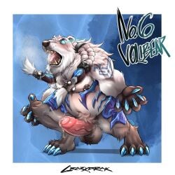 1:1 abstract_background absurd_res anthro arm_markings ball_tuft balls belly big_belly big_penis blue_eyes blue_markings blush bodily_fluids braided_hair claws crazydrak digitigrade erection fangs finger_claws foreskin fur genitals gradient_fur grey_body grey_fur hair hi_res humanoid_genitalia humanoid_penis league_of_legends long_hair male markings musclegut muscular muscular_anthro muscular_male open_mouth overweight overweight_anthro overweight_male penis pink_penis riot_games saliva saliva_string shoulder_markings solo standing teeth tencent tuft uncircumcised vein veiny_penis volibear white_body white_fur