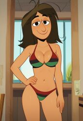 1girls ai_generated bedroom breasts brown_hair civitai cleavage disney disney_channel facing_forward female hands_on_hips indoors jewish jewish_female large_breasts leah_stein-torres long_hair looking_at_viewer mature milf pan-african_flag pan-african_flag_bikini smile solo tan-skinned_female the_ghost_and_molly_mcgee