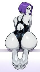 ai_generated ass ass_focus back bare_shoulders barefoot black_one-piece_swimsuit breasts clothing_cutout colored_skin competition_swimsuit dc_comics feet female female_only foot_focus forehead_jewel from_behind full_body grey_skin grin highleg highleg_swimsuit huge_ass large_breasts leotard lips looking_at_viewer looking_back makeup mayrainart medium_breasts one-piece_swimsuit pale_skin parted_lips purple_eyes purple_hair raven_(dc) seiza shiny shiny_clothes shiny_hair shiny_skin short_hair simple_background sitting smile soles solo swimsuit teen_titans teeth thighs toenails toes white_background