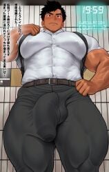 2025 abs bara biceps big_muscles big_pecs big_penis black_hair bodybuilder bulge flaccid highres huge_balls huge_bulge huge_cock kuromine_hiraya male male_only muscles muscular muscular_male muscular_thighs pecs penis solo solo_male tan_skin thick_thighs tight_clothing tight_pants veiny_muscles yuatari