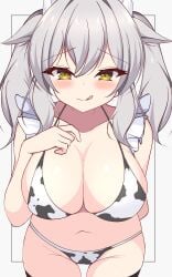:q absurdres animal_ears animal_print arm_behind_back bikini blush breasts cleavage closed_mouth collarbone cow_ears cow_girl cow_horns cow_print cow_print_bikini cowboy_shot female frills fullsaber2 grey_hair groin hair_between_eyes hand_on_own_chest highres horns large_breasts leaning_forward licking_lips long_hair looking_at_viewer milltina_(vrchat) navel print_bikini simple_background smile solo swimsuit thighhighs tongue tongue_out twintails vrchat white_background white_bikini yellow_eyes