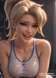 1girls ai_generated blizzard_entertainment blonde_female blonde_hair blue_eyes breasts cute cute_face earrings female high_quality high_resolution highres large_breasts laugh mercy overwatch overwatch_2 portrait sfw smile smiling smiling_at_viewer tank_top wet wet_clothes wet_clothing witches_ai
