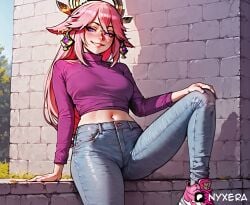 1female ai ai-created ai_art ai_assisted ai_generated female genshin_impact jeans pink_eyes pink_hair wall wall_(structure) yae_miko