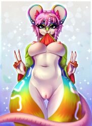 absurd_res anthro breasts clothing digital_media_(artwork) female fur genitals hi_res inner_ear_fluff mammal minamikoboyasy mouse murid murine nipples nude piercing pussy rodent simple_background smile solo tail tuft