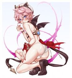 ass bat bat_wings dahlia_(genshin_impact) fangs femboy freckles_on_ass genshin_impact heart_hands hoyoverse looking_at_viewer male male_only mihoyo oerba_yun_fang pink_hair pointed_ears pointy_ears purple_eyes red_nail_polish red_nails solo_male tagme thighs thong tight_clothing