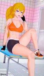 1girls abs arrancon blonde_female blonde_hair cleavage long_hair long_hair_female purple_eyes rwby shorts tank_top workout workout_clothes yang_xiao_long