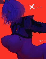 absurdres breasts crop_top exoius female from_side highres implied_sex large_breasts long_sleeves nipples original red_background red_eyes short_hair solo teeth trembling