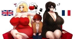 1boy 1girls 2girls age_difference between_thighs big_ass big_breasts blonde_female blonde_hair blush boob_window boobs breasts british british_female brown_eyes chorquistudios collar couch countryhumans curious cute cute_expression cute_male dress embarrassed female flag flags france_(countryhumans) france_(what_if_animation) french_female glasses hand_on_shoulder harem heart huge_ass huge_breasts long_hair male milf original original_character original_characters seductive seductive_smile size_difference smaller_male taller_female thinking uk_(what_if_animation) united_kingdom_(countryhumans) what_if_animation(artist)
