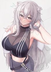 ahoge animal_ear_fluff animal_ear_piercing animal_ears bare_arms black_shirt breasts cleavage closed_mouth crossed_bangs double-parted_bangs female grey_eyes grey_hair grey_skirt hair_down halter_shirt halterneck hands_up highleg highleg_panties highres holding holding_towel hololive hololive_gen_5 hololive_japan large_breasts lion_ears lion_tail long_hair looking_at_viewer messy_hair midriff miniskirt mofu07519 navel outside_border panties panty_straps see-through_cleavage see-through_clothes shirt shishiro_botan shishiro_botan_(1st_costume) sidelocks simple_background skirt sleeveless sleeveless_shirt smile solo tail towel underwear very_long_hair virtual_youtuber white_background zipper_skirt