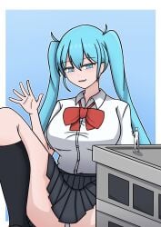1girls anon big_breasts blue_eyes blue_hair breasts clothed clothing female female_focus giantess hatsune_miku light-skinned_female light_skin long_hair macro size_difference tazataza vocaloid