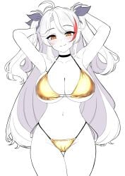 :q absurdres arms_behind_head arms_up azur_lane bikini blush breasts brown_eyes choker cleavage collarbone commentary_request female groin hair_ribbon highleg highleg_bikini highres large_breasts long_hair looking_at_viewer mole mole_on_breast moyoron multicolored_hair navel parted_bangs prinz_eugen_(azur_lane) red_hair ribbon side-tie_bikini_bottom simple_background solo streaked_hair swimsuit thigh_gap tongue tongue_out two_side_up very_long_hair white_background yellow_bikini