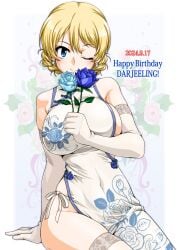 1girls blonde_hair braid china_dress darjeeling elbow_gloves female girls_und_panzer rose_(flower) side_tie_panties white_dress white_gloves white_panties white_thighhighs