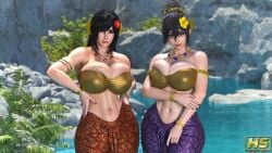 2girls 3d anko_hagiwara big_breasts black_hair bracelet breasts ear_accessory female fumitan_admoss glasses gundam gundam_tekketsu_no_orphans hagiwara_studio hair_bun hi_res hips large_breasts long_hair necklace original_character red_eyes skirt tight_skirt tubetop wide_hips