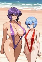 2girls ai_generated beach big_breasts blue_hair bolt_on_tits breast_implants breasts civitai crossover enhanced_breasts fake_breasts female ghost_in_the_shell ghost_in_the_shell_stand_alone_complex huge_boobs huge_breasts kusanagi_motoko looking_at_viewer milf mother_and_daughter neon_genesis_evangelion pixel_art posing purple_hair purple_sling_bikini red_eyes red_sling_bikini rei_ayanami silicone silicone_implants sling_bikini slingshot_swimsuit teenager unclego visible_areolae voluptuous