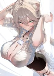 ahoge alternate_costume animal_ear_fluff animal_ears arms_up black_nails black_skirt breasts cleavage collared_shirt commentary_request female fingernails foreshortening from_above green_eyes grey_hair hair_between_eyes highres hololive hololive_gen_5 hololive_japan id_card lanyard large_breasts light_blush light_smile lion_ears lion_girl lion_tail long_hair looking_at_viewer miniskirt oerba_yun_fang office_lady omoti_(1201208) partially_unbuttoned pencil_skirt shirt shirt_tucked_in shishiro_botan skin_fang skirt sleeve_rolled_up solo tail thigh_strap very_long_hair virtual_youtuber white_shirt