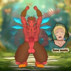 2boys anthro anthro_male big_penis black_eyes blonde_hair blonde_hair_male blue_wings brown_fur brown_hair brown_hair_male chest_hair choker earring earrings english_dialogue english_text fast_movement forest forest_background hairy_chest hairy_forearms hairy_legs horns human moving muscles muscular muscular_anthro muscular_male necklace non-human non-human_feet pixie pointy_teeth rabanochan red_body red_glans red_horns red_penis red_penis_tip sparkling_eyes speech_bubble star_in_eye starry_eyes stretching veiny veiny_penis white_eyes wings wings_on_back yellow_eyes