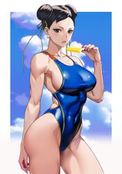 1girls ass big_ass black_eyes black_hair blue_swimsuit breasts capcom chun-li cleavage clouds collarbone covered_navel cowboy_shot curvy double_bun earrings eyelashes female female_only food hair_bun hair_ribbon highleg highleg_swimsuit holding_food hourglass_figure large_breasts looking_at_viewer one-piece_swimsuit open_mouth pearl_earrings popsicle sideboob sky sky_background solo standing street_fighter street_fighter_6 swimsuit thick_thighs tied_hair tight_clothing toned toned_female white_border yagi_(joe731842)