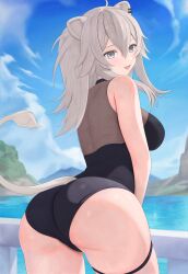 :d ahoge animal_ears arabiki50 ass black_one-piece_swimsuit blue_sky breasts cloud commentary_request cowboy_shot day female from_behind grey_eyes grey_hair highres hololive hololive_gen_5 hololive_japan large_breasts lion_ears lion_girl lion_tail looking_at_viewer looking_back oerba_yun_fang one-piece_swimsuit outdoors railing revision shishiro_botan sky smile solo swimsuit tail thigh_strap virtual_youtuber