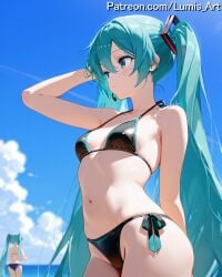 2025 2girls ai_assisted ai_generated aqua_eyes aqua_hair artist_name ass beach bikini black_bikini blue_sky breasts cloud cloudy_sky condensation_trail day female hair_ornament halterneck hatsune_miku high_quality high_res high_resolution highres long_hair lumis_art multiple_girls navel ocean outdoors patreon side-tie_bikini sky small_breasts stable_diffusion string_bikini swimsuit twintails very_long_hair vocaloid watermark