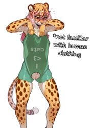 ai_generated anthro blush bottomless cheetah clothed clothing embarrassed felid feline female fur genitals hair hi_res looking_down mammal multicolored_hair pink_hair pussy shirt shirt_only shy silhouette simple_background solo spots spotted_body spotted_fur standing tan_body tan_fur text topwear topwear_only white_background