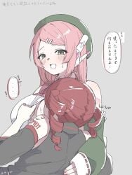 2girls beret breast_sucking breastfeeding female kasane_teto large_breasts licking_breast momone_momo pink_hair red_hair sucking_breasts twin_drills utau
