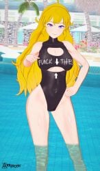 1girls arrancon blonde_female blonde_hair cleavage long_hair long_hair_female one-piece_swimsuit pool purple_eyes rwby swimsuit underboob yang_xiao_long