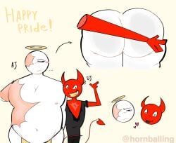 2boys @hornballing aj_(oc) amputee angel back_view burn_scar chubby_male demon demon_horns demon_tail dj_(oc) fat_ass fat_male gay groping groping_ass halo male no_hair original_character original_characters partially_clothed red_skin size_difference skinny_male small_dom_big_sub white_skin