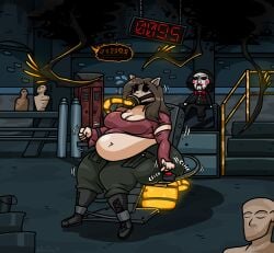 1girls 2023 amanda_young belly_exposed big_ass big_belly big_breasts billy_the_puppet brown_hair brown_hair_female chubby chubby_female cleavage clothed clothed_female dbd dead_by_daylight detailed_background deviantart_link expansion expansion_sequence fat_fetish feeding_tube female female_focus force_feeding forcefed forcefeeding hi_res hose_in_mouth huge_belly jigsaw_(saw) johndraw54 johndrawfatties movement_lines obese obese_female onomatopoeia overweight overweight_female pig_mask plump plump_female png pressing_button saw_(series) saw_trap solo_female solo_focus the_entity the_pig thick_thighs timer tube_in_mouth watermark weight_gain weight_gain_female weight_gain_sequence wide_hips worried worried_expression