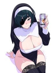 beer eyepatch gato_gratam himeno himeno_(chainsaw_man) huge_breasts nun pochita_(chainsaw_man) senor_gato slutty_nun thick_thighs thighhighs
