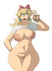 1girls arm_behind_back biker_peach blonde_hair blue_eyes bottomless bottomless_female bow bow_on_head breasts breasts_out child_bearing_hips clothing curvy ear_piercing eyelashes female female_only gloves hourglass_figure human human_only large_hips leedraw11 light-skinned_female light_skin looking_at_viewer mario_(series) mario_kart mario_kart_world mature mature_female mostly_nude nintendo nipples open_mouth pink_bow ponytail princess princess_peach pussy shirt shirt_up solo solo_female solo_focus thick_thighs thighs voluptuous voluptuous_female white_background white_shirt wide_hips