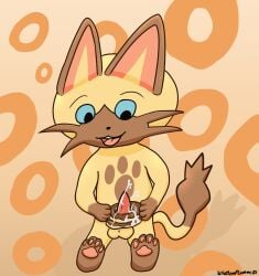 anthro balls blue_sclera bodily_fluids candy capcom chocolate cum cum_on_food dessert doughnut ejaculation erection felid feline felyne food food_fetish food_play genital_fluids genitals hi_res improvised_sex_toy lynian male mammal masturbation monster_hunter navirou open_mouth pastry penis precum schattenflamme simple_background solo tapering_penis