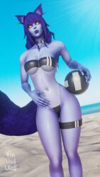 3d animal_ears beach beach_volleyball blue_body blue_skin breasts female fia_(fiavoidwolf) fiavoidwolf gris_swimsuit kemonomimi meme_attire outfit purple_hair sand solo solo_female swimsuit void_elf volleyball warcraft wet wet_body wolf_ears wolf_girl wolf_tail world_of_warcraft wow yellow_eyes