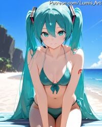 2025 ai_assisted ai_generated aqua_bikini aqua_eyes aqua_hair artist_name beach bikini bird blue_sky breasts cloud day female front-tie_bikini front-tie_top hatsune_miku high_quality high_res high_resolution highres horizon long_hair looking_at_viewer lumis_art mountainous_horizon navel number_tattoo ocean outdoors palm_tree patreon sand seagull shore shoulder_tattoo side-tie_bikini sitting sky small_breasts smile solo stable_diffusion summer swimsuit tattoo twintails very_long_hair vocaloid water watermark