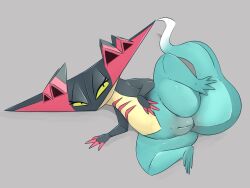 2022 dragapult female feral full-length_portrait genitals hi_res honeymono looking_at_viewer lying nintendo nude on_side one_leg_up pokémon_(species) pokemon portrait presenting presenting_pussy pussy raised_leg scalie solo video_games