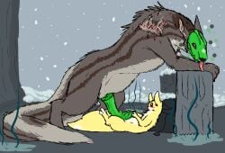ambiguous_gender black_eyes blush brown_markings duo feral fur genitals green_lizard_(rain_world) green_markings hybrid leaning lizard_(rain_world) lying male markings on_back penis penis_on_belly rain_world scar simple_background size_difference slugcat snow snowing standing_over striped_body striped_fur stripes tan_body tan_fur tan_markings tongue tongue_out videocult welcometaco white_markings yellow_body yellow_fur