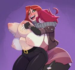 2girls bare_arms bare_breasts bare_shoulders big_breasts bigdad blush breasts_bigger_than_head color female female_focus female_only gaz_membrane grabbing_breasts green_eyes hand_on_breast hi_res invader_zim large_breasts light-skinned_female light_skin massive_breasts nickelodeon nipples orange_hair purple_hair short_hair solo_female tagme thick_thighs yuri yuri