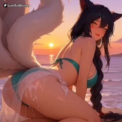ahri ai_generated ass_focus beach bikini cum cum_on_ass cum_stain fox_ears huge_breasts league_of_legends lustfulbrush perfect_body round_ass