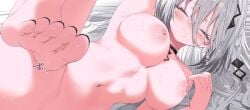 barefoot black_choker breasts choker closed_eyes feet foreshortening grey_hair hair_between_eyes highres kuhotaka large_breasts long_hair looking_at_viewer navel nijisanji nude soles sophia_valentine toes virtual_youtuber