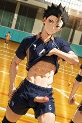 1boy 1male abs ai_generated ball_bulge blush blushing_at_viewer cock dick erection gay haikyuu!! indoor indoors inside looking_at_viewer male nishinoya_yuu penis penis_out solo solo_male standing sweat tagme yaoi