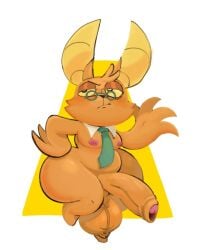 2025 anthro ass balls bat big_balls big_butt big_penis black_eyes black_nose chikn_nuggit digital_media_(artwork) eyewear fur genitals glasses green_eyewear green_glasses green_necktie hair half-closed_eyes hand_on_hip hand_on_own_hip huge_balls littlesinner looking_away looking_up male mammal narrowed_eyes necktie nipples onyn_ring_(chikn_nuggit) orange_body orange_ears orange_fur orange_hair orange_sclera penis pink_nipples pose shirt_collar solo teapot_(body_type) thick_thighs