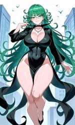 aged_up ai_generated bird black_dress building collarbone esper flying green_eyes green_hair heels large_breasts milf necklace one-punch_man tagme tatsumaki thick_ass thick_thighs valkris9