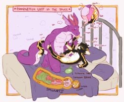 absurd_res aggressive_fertilization andromorph animal_genitalia anthro bed bedding bedding_background bodily_fluids border broken_condom cervical_contact circle_eyebrows claws condom cum cum_in_pussy cum_in_uterus cum_inside cum_on_belly cum_on_body dialogue duo ear_piercing eyebrows feet felid feline filled_condom flustered foot_fetish foot_lick foot_play frill_(anatomy) fur fur_markings furniture fuzzysmore_(character) genital_fluids genital_slit genitals gold_insides gold_pawpads goldycat hand_on_chest hi_res horn impregnation intersex intersex/male knot knotted_penis knotted_tapering_penis kobold licking male male/male mammal markings multicolored_body multicolored_scales notched_ear nude onomatopoeia orange_claws orange_horn paws penis piercing pillow pull_out_request purple_body purple_scales raised_paw red_eyes scales scalie sexual_barrier_device shipupp size_difference size_play sound_effects tapering_penis text tongue two_tone_body two_tone_scales uterus ventral_scales x-ray_view