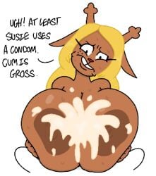 1boy 1girls anthro antlers blonde_hair breasts cum cum_on_breasts deltarune dialogue female freckles huge_breasts male male_pov noelle_holiday paizuri pov text theslashfive undertale_(series)