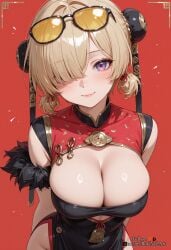 2025 ai_generated arms_behind_back bangs bare_shoulders black_dress blonde_hair blush breasts bun_cover china_dress chinese_clothes cleavage cleavage_cutout closed_mouth clothing_cutout double_bun dress eyewear_on_head female female female_focus hair_bun hair_over_one_eye hoyoverse large_breasts lips looking_at_viewer mihoyo nsfw purple_eyes red_background rognezart shiny short_hair short_twintails simple_background smile solo sunglasses sweety_(zenless_zone_zero) twintails upper_body zenless_zone_zero