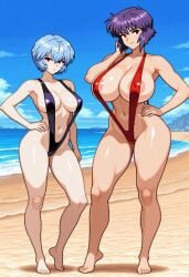 2girls ai_generated beach big_breasts black_sling_bikini blue_hair breasts civitai crossover ghost_in_the_shell ghost_in_the_shell_stand_alone_complex huge_boobs huge_breasts kusanagi_motoko looking_at_viewer milf mother_and_daughter neon_genesis_evangelion pixel_art posing purple_hair red_eyes red_sling_bikini rei_ayanami sling_bikini slingshot_swimsuit teenager unclego visible_areolae voluptuous