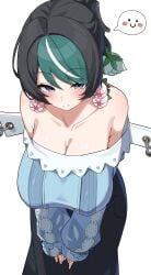 1girls artist_request bare_shoulders big_breasts blue_eyes blush busty cleavage female female_only green_hair hoyoverse huge_breasts large_breasts light-skinned_female light_skin mihoyo milf mostly_clothed multicolored_hair orchidea_(zenless_zone_zero) zenless_zone_zero