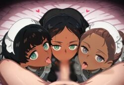 1boy 3girls ai_generated blowjob censored dark-skinned_female foursome gundam gundam_gquuuuuux indian indian_female interracial kanchana lalah_sune light-skinned_male maid oral_sex prostitution tagme vani_(gundam)