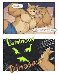 1boy bara barazoku big_nipples blush canid canine comic cute dinosaur funny furry gay impwitter laying_on_bed meme muscular_male pecs pectorals solo tongue tongue_out toy wholesome wolf yaoi